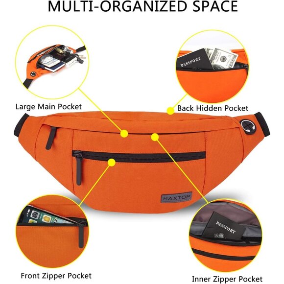 Women Men Orange Large Crossbody Fanny Pack Belt Bag Hands-Free Waist Pack - Picture 3 of 6
